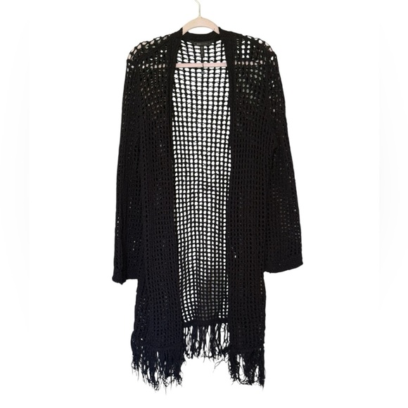 BCBG Maxazria | Black Long Open Front Crochet Festival Cardigan Fringe Hem Large - Picture 2 of 6